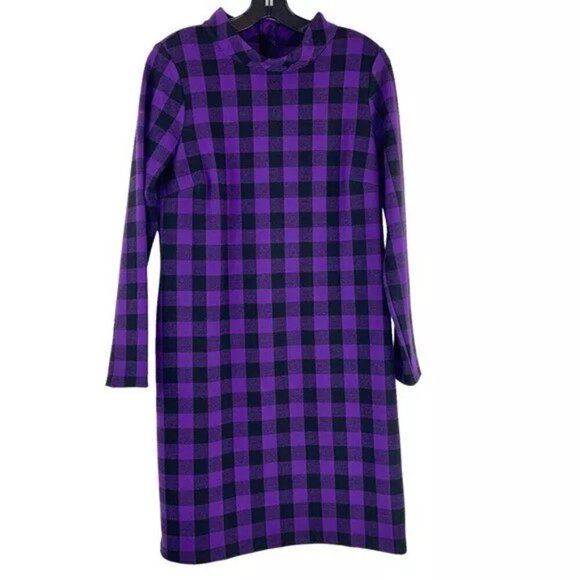 Talbots Dress Long Sleeve Purple and Black Plaid Buffalo Check NWOT Size M - Picture 2 of 6